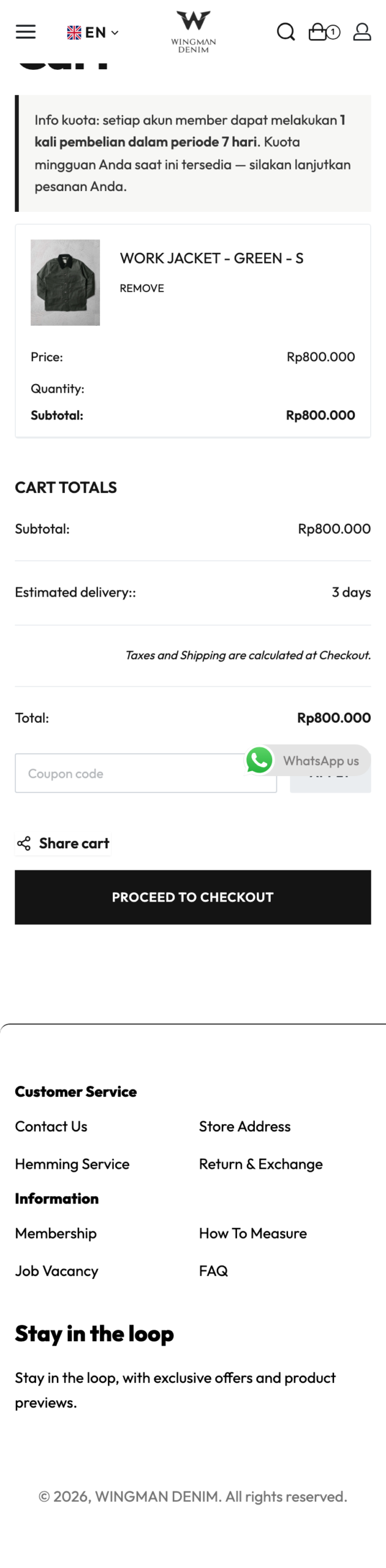 Halaman keranjang belanja dengan info kuota mingguan