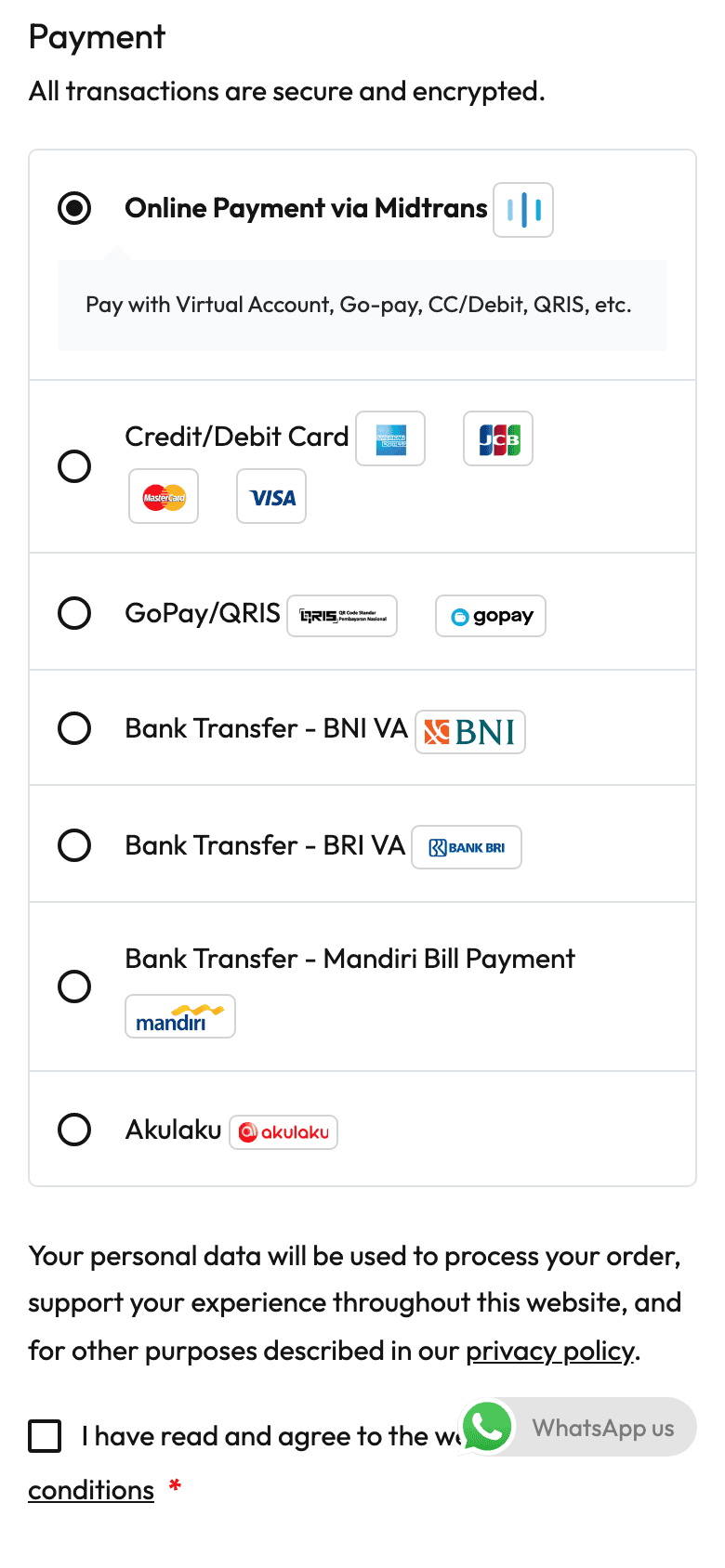 Pilihan metode pembayaran Midtrans di checkout