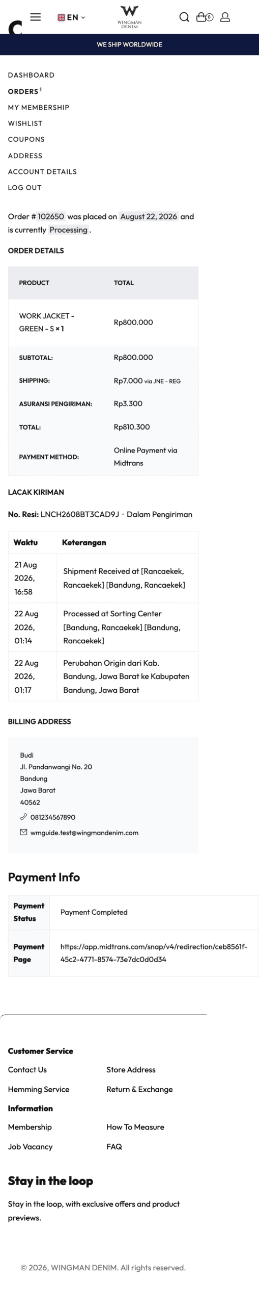 Detail pesanan dengan tabel Lacak Kiriman dan nomor resi